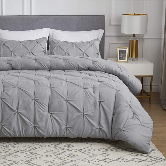 New Grey 3 Piece Pinch Pleated QUEEN Comforter Bedding Set - Picture 4 of 5